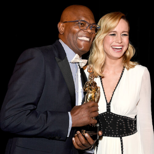 Samuel L. Jackson and Brie Larson backstage at the 2016 Britannia AWards