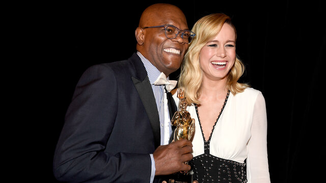 BEVERLY HILLS, CA - OCTOBER 28: (EXCLUSIVE COVERAGE) Honoree Samuel L. Jackson (L), recipient of the Albert R. Broccoli Britannia Award for Worldwide Contribution to Entertainment, and actress Brie Larson attend the 2016 AMD British Academy Britannia A Samuel L. Jackson and Brie Larson backstage at the 2016 Britannia AWards